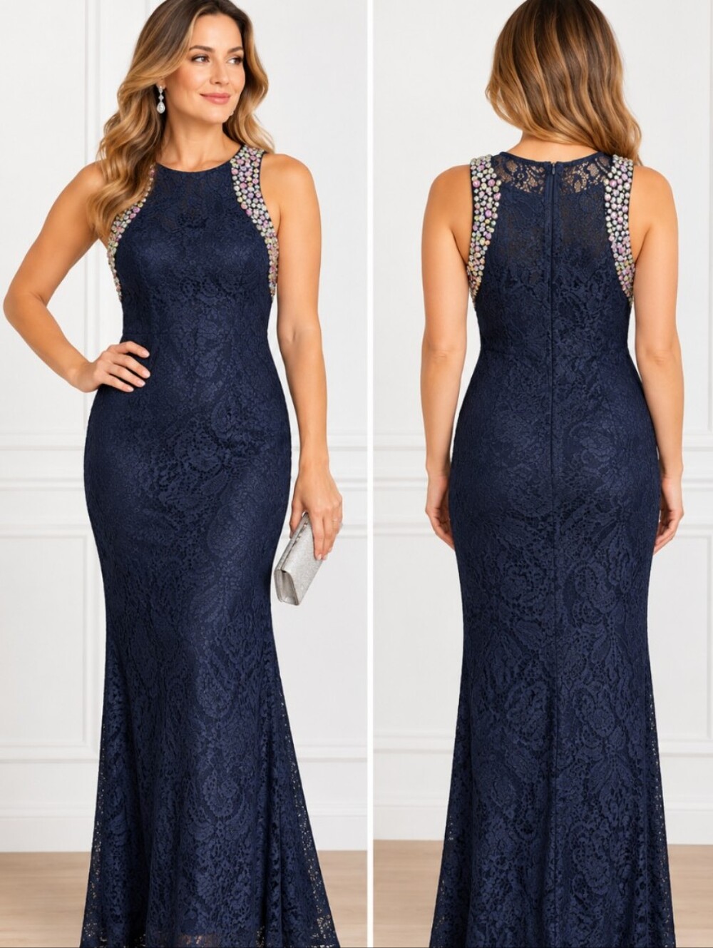 May Queen Navy Blue Lace Rhinestone Beaded Formal Gown Dress Size 10 Mq1434